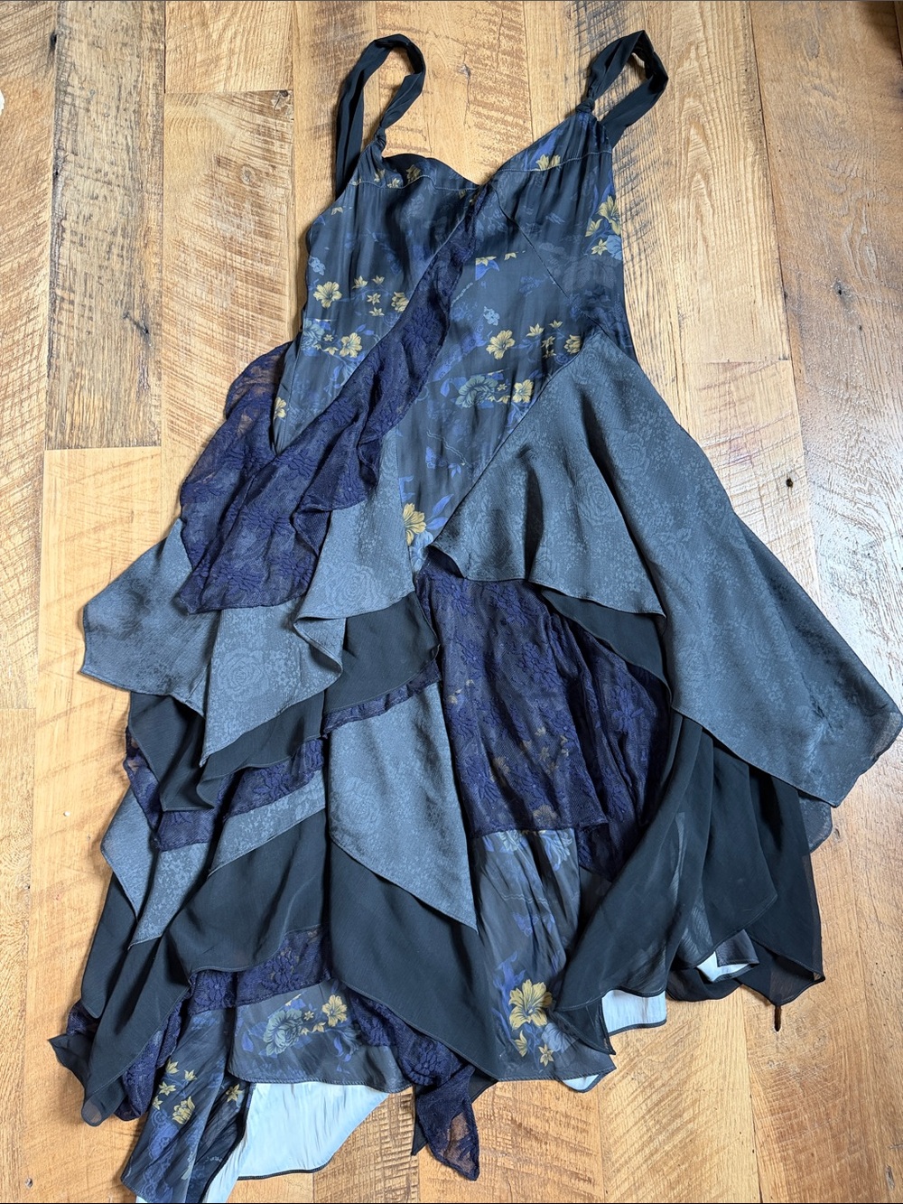 Free People Asymmetrical Layered Slip Dress in Navy and Black with Gold Floral